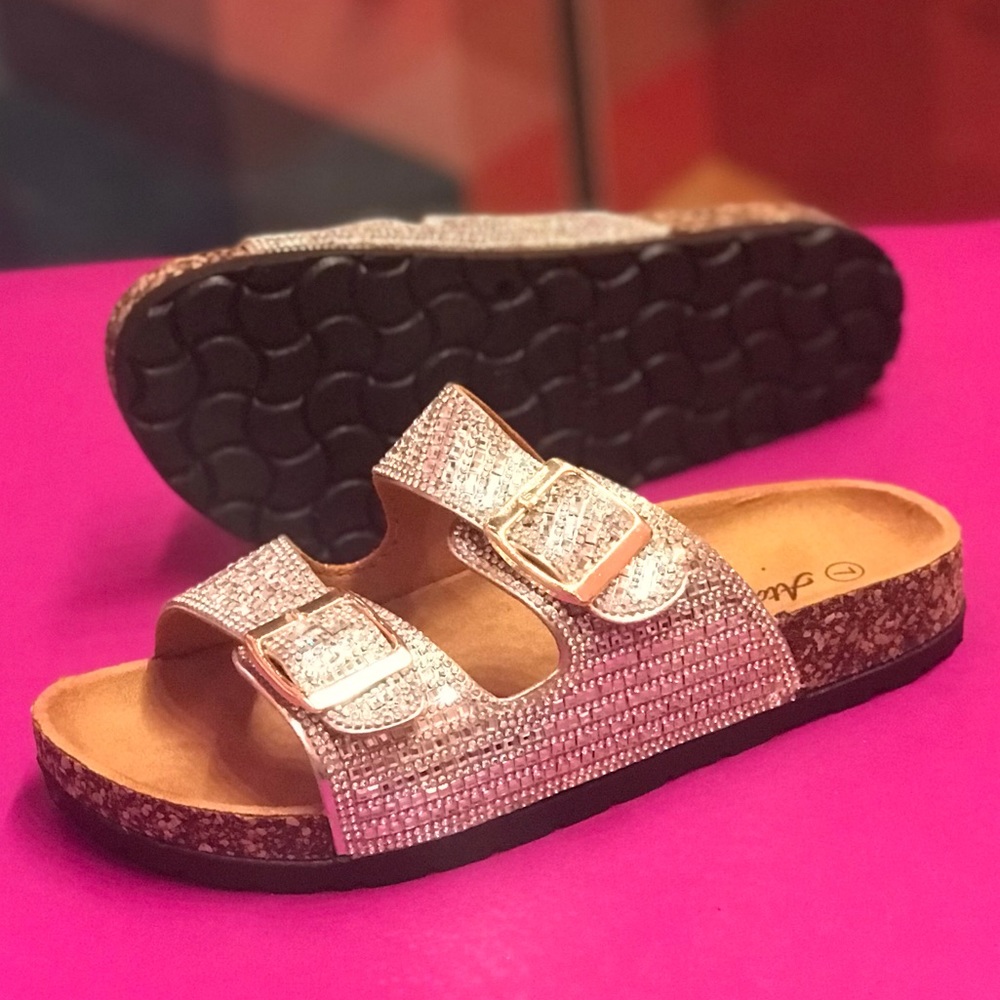 Italina Rhinestone Jewel Double Buckle Strap Cork Slide Contoured Sandal - Picture 12 of 15